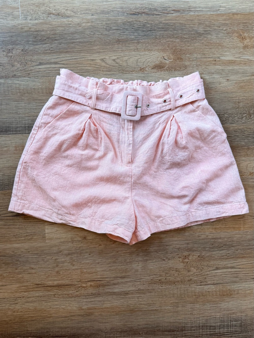 High-Waist Belted Linen-Blend Peach Womens Shorts Size M